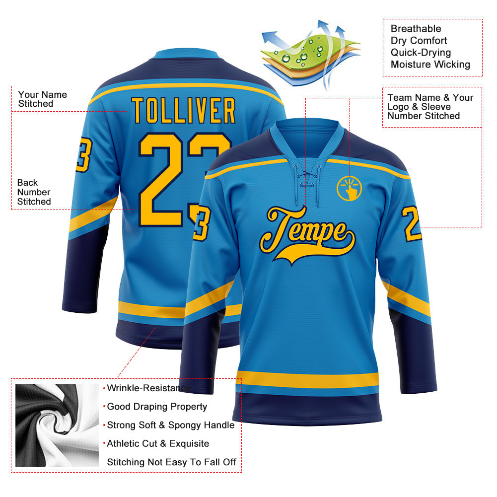 Custom Blue Gold-Navy Hockey Lace Neck Jersey - Sky-Custom