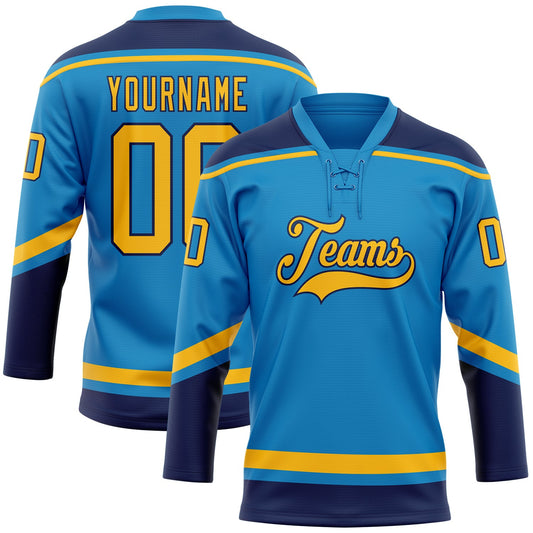 Custom Blue Gold-Navy Hockey Lace Neck Jersey - Sky-Custom