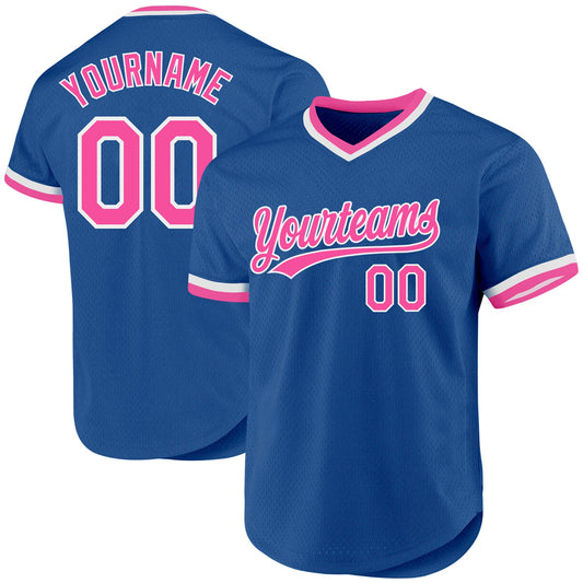 Custom Blue Pink-White Authentic Throwback Baseball Jersey - Sky-Custom