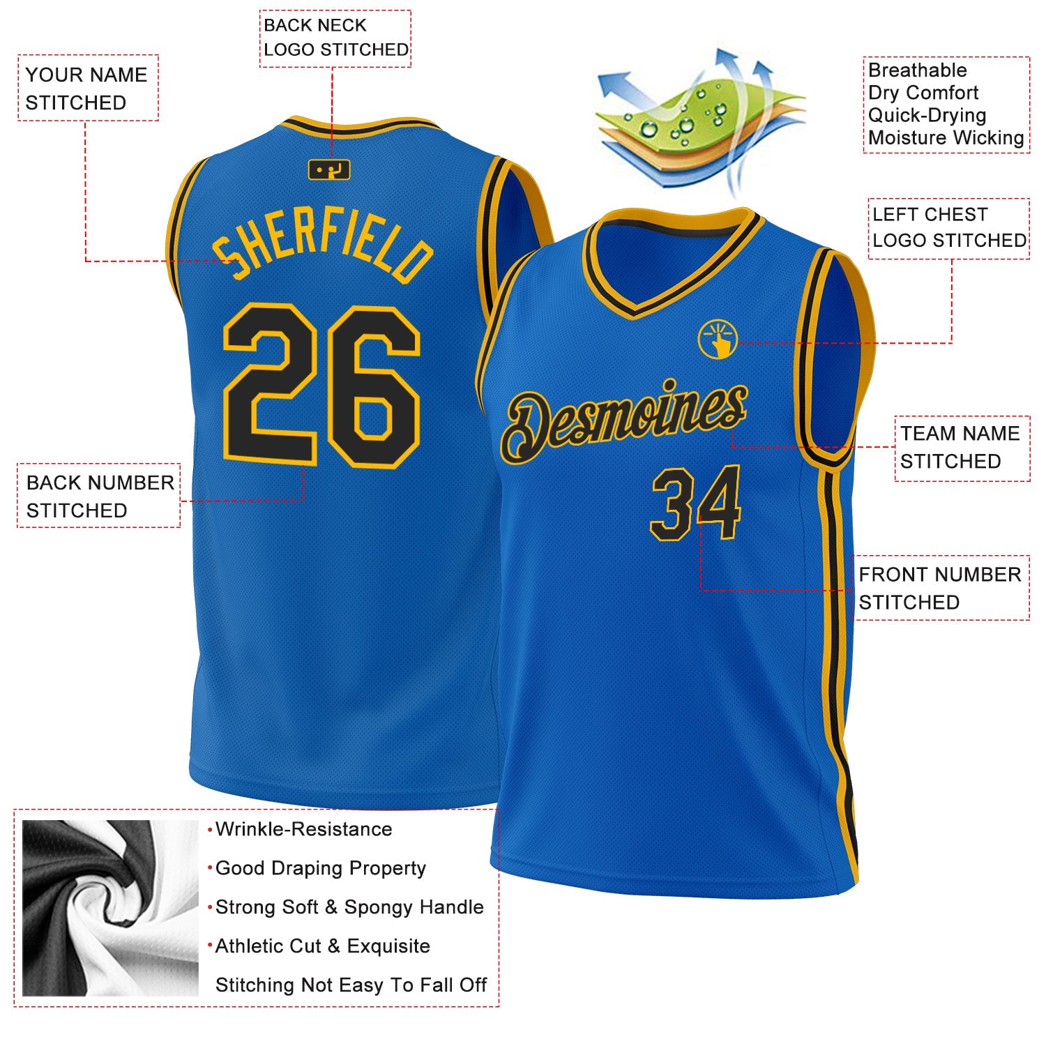 Custom Blue Black-Gold Authentic Throwback Basketball Jersey - Sky-Custom