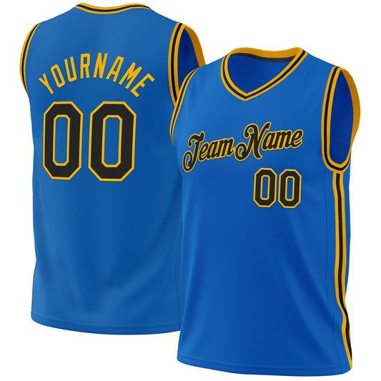 Custom Blue Black-Gold Authentic Throwback Basketball Jersey - Sky-Custom