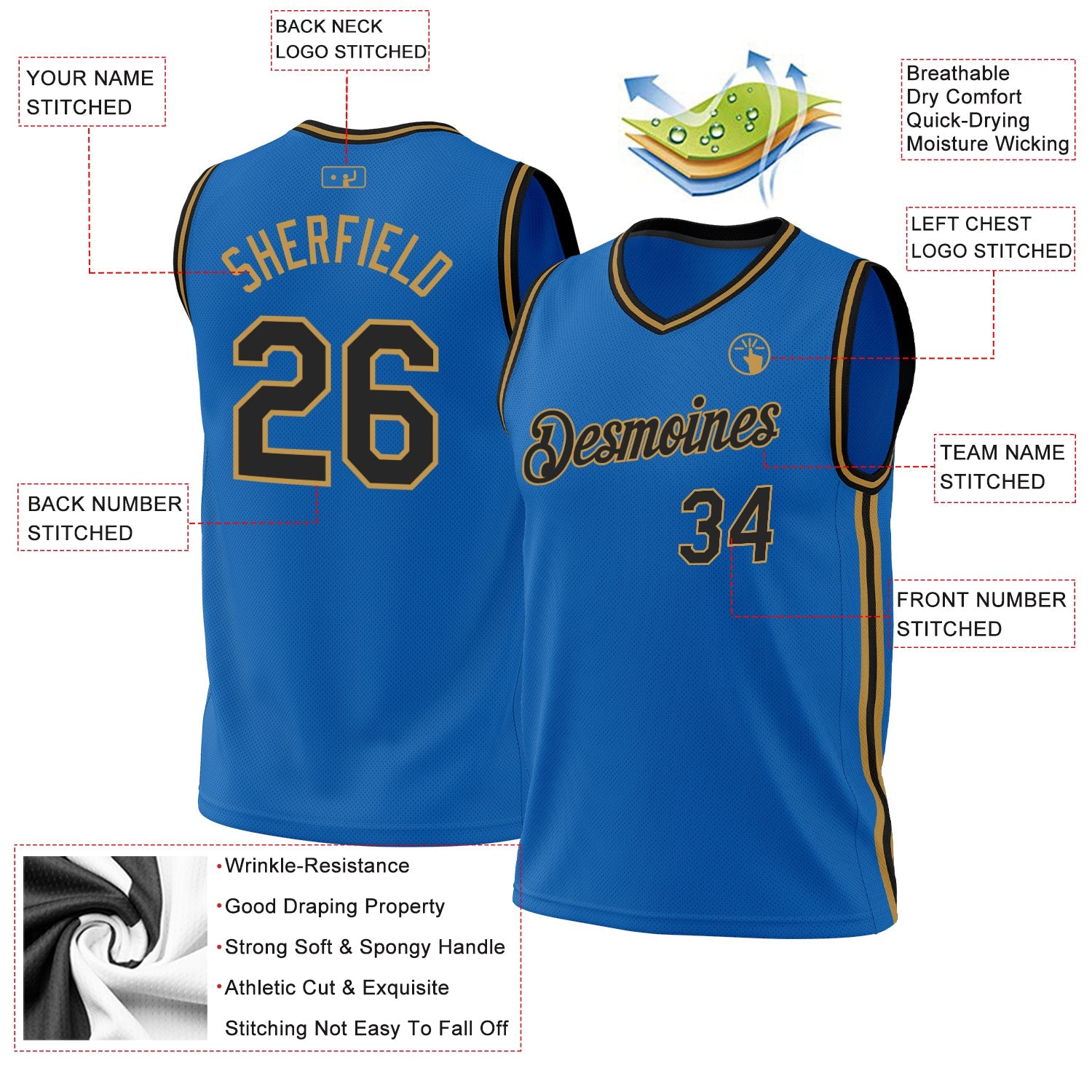 Custom Blue Black-Old Gold Authentic Throwback Basketball Jersey - Sky-Custom