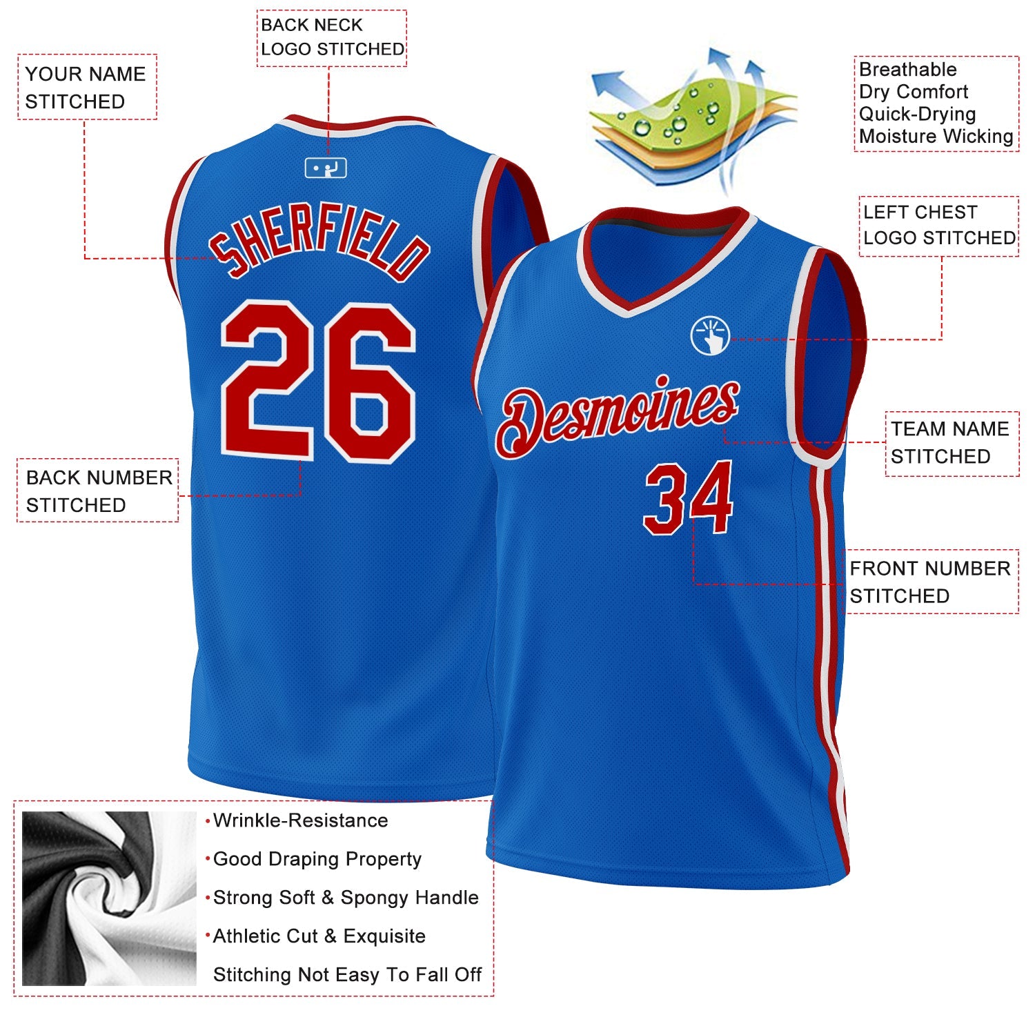 Custom Blue Red-White Authentic Throwback Basketball Jersey - Sky-Custom