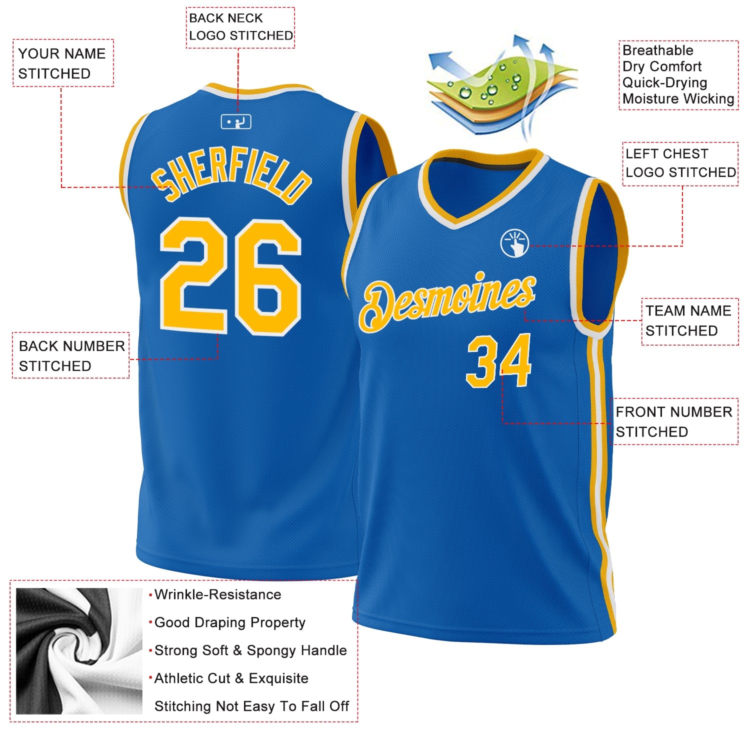 Custom Blue Gold-White Authentic Throwback Basketball Jersey - Sky-Custom