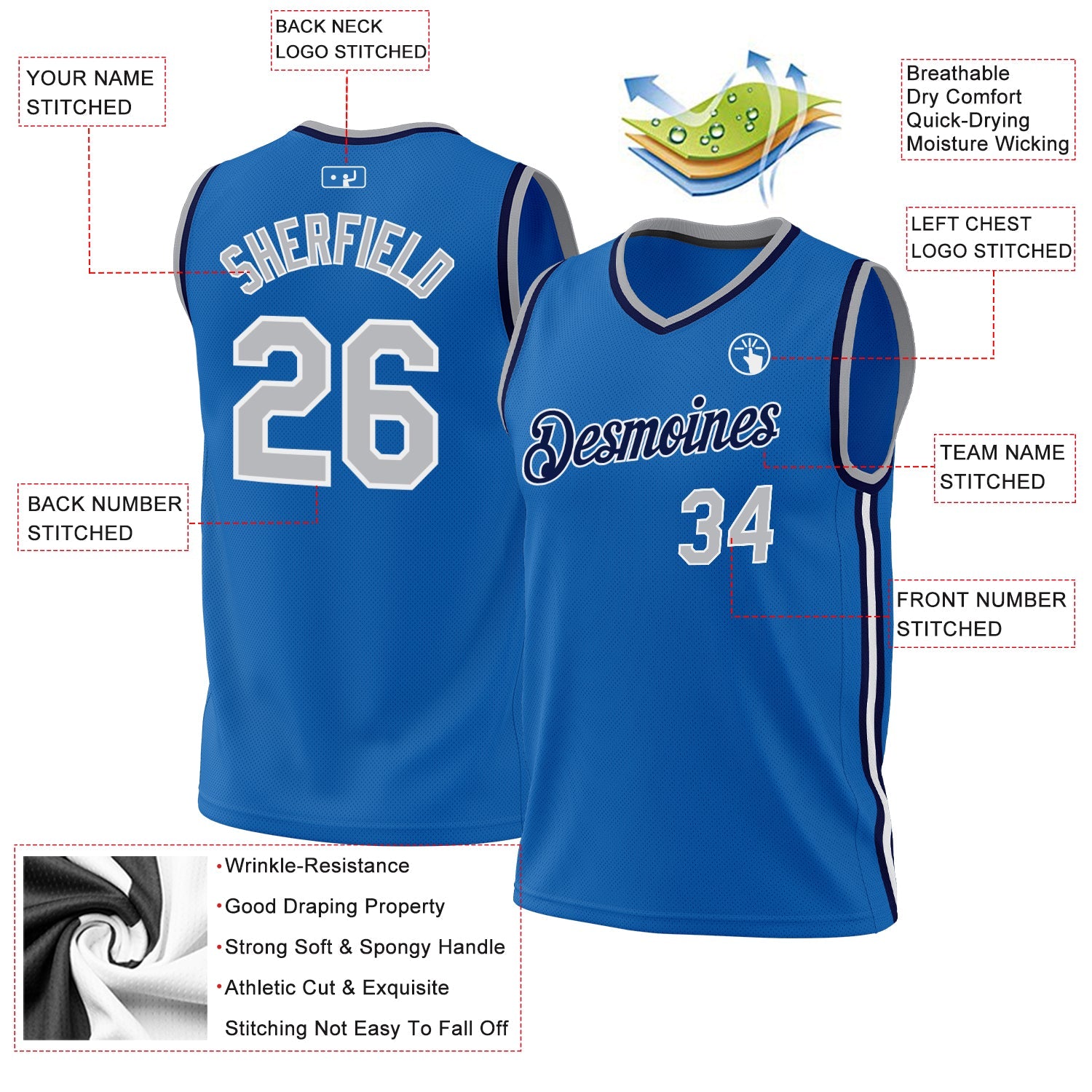 Custom Blue Gray-Navy Authentic Throwback Basketball Jersey - Sky-Custom