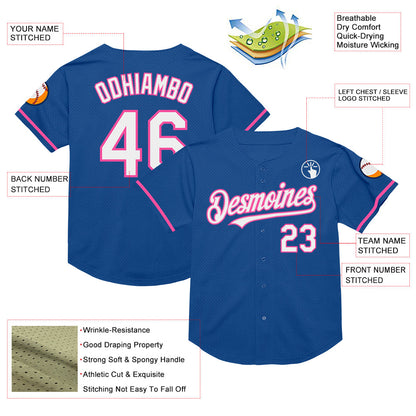 Custom Blue White-Pink Mesh Authentic Throwback Baseball Jersey - Sky-Custom