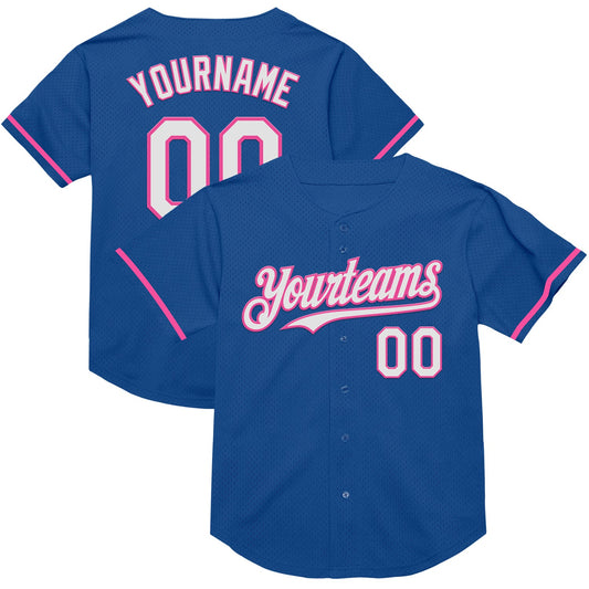 Custom Blue White-Pink Mesh Authentic Throwback Baseball Jersey - Sky-Custom