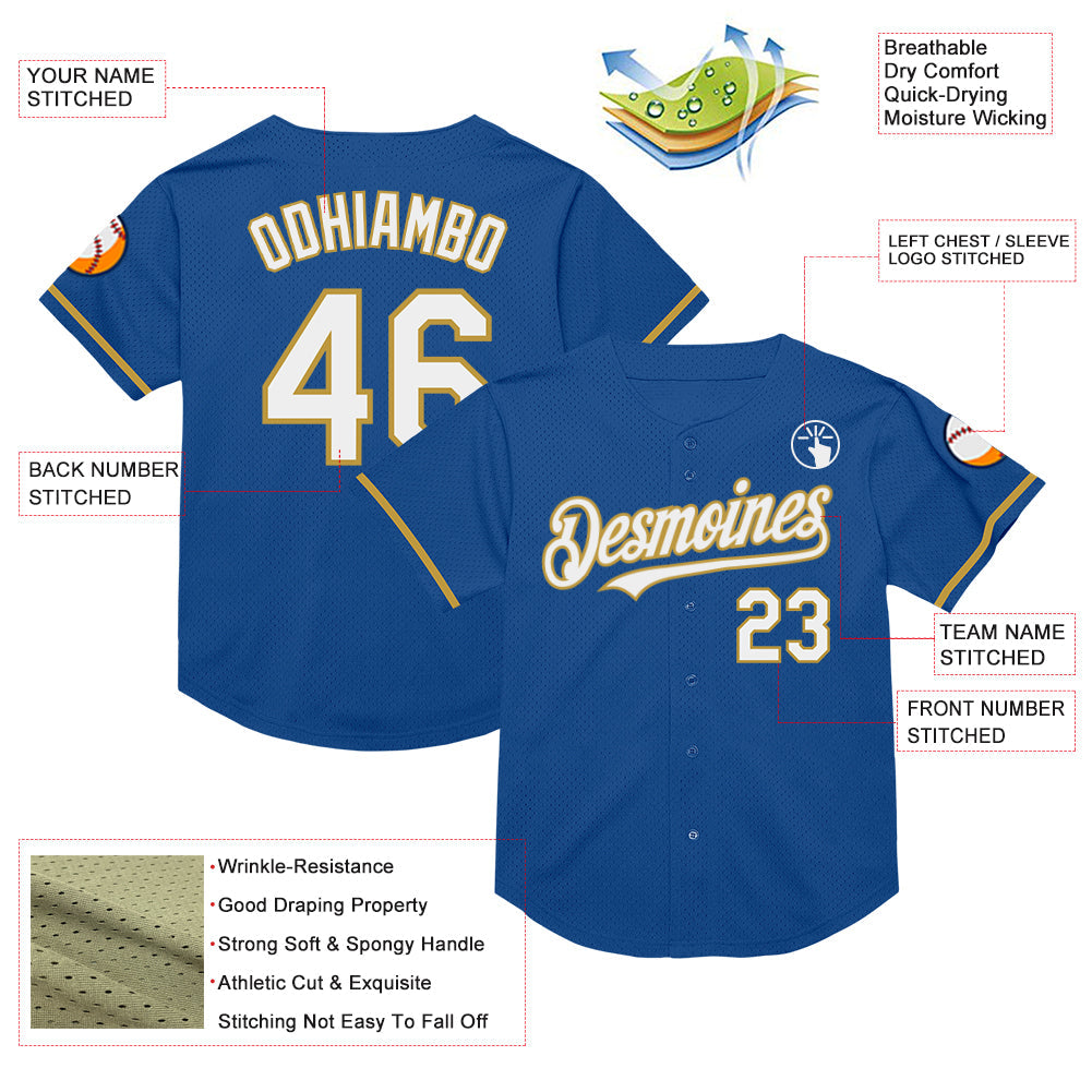 Custom Blue White-Old Gold Mesh Authentic Throwback Baseball Jersey - Sky-Custom