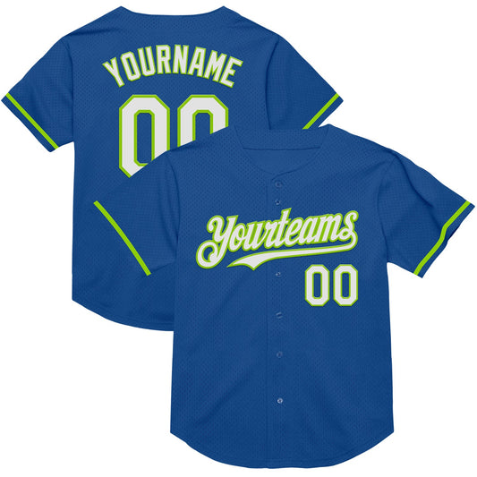 Custom Blue White-Neon Green Mesh Authentic Throwback Baseball Jersey - Sky-Custom