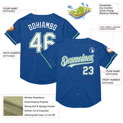 Custom Blue White-Kelly Green Mesh Authentic Throwback Baseball Jersey - Sky-Custom