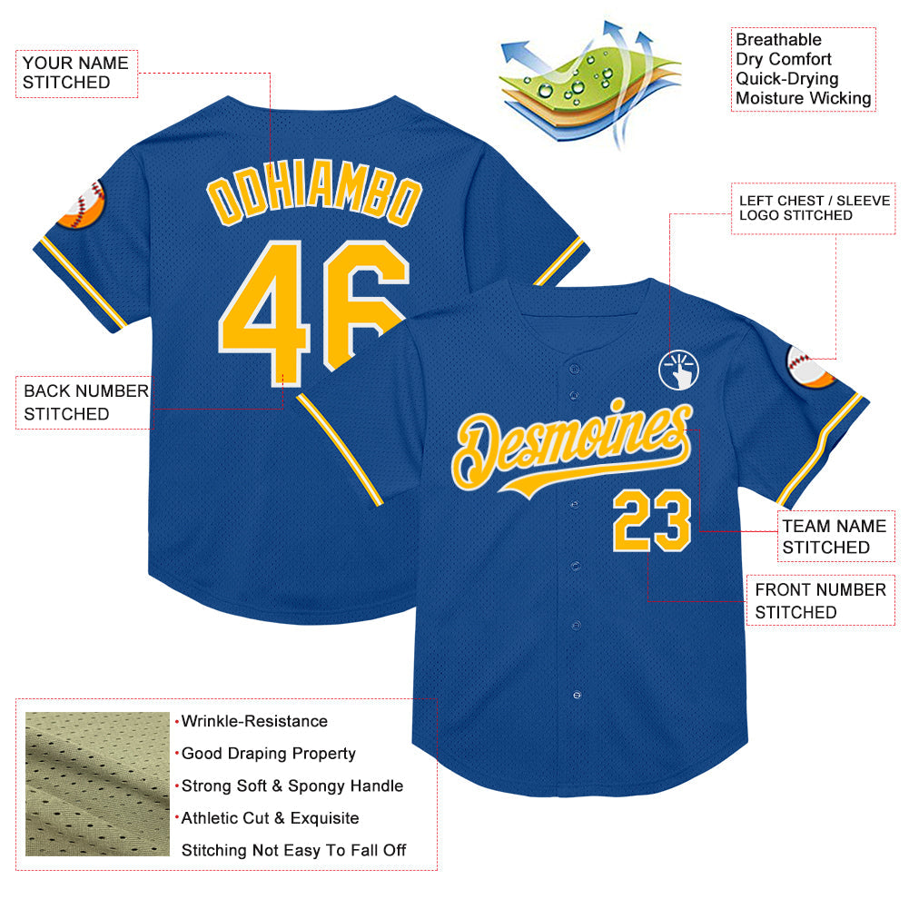 Custom Blue Gold-White Mesh Authentic Throwback Baseball Jersey - Sky-Custom