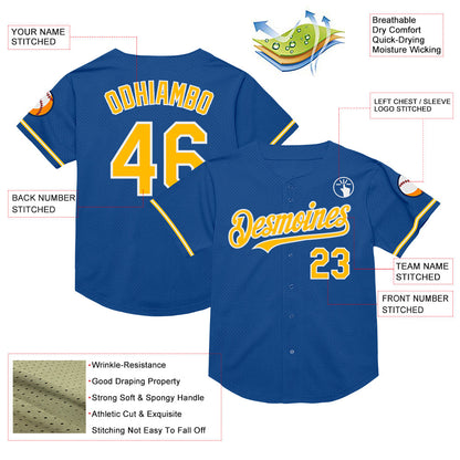 Custom Blue Gold-White Mesh Authentic Throwback Baseball Jersey - Sky-Custom