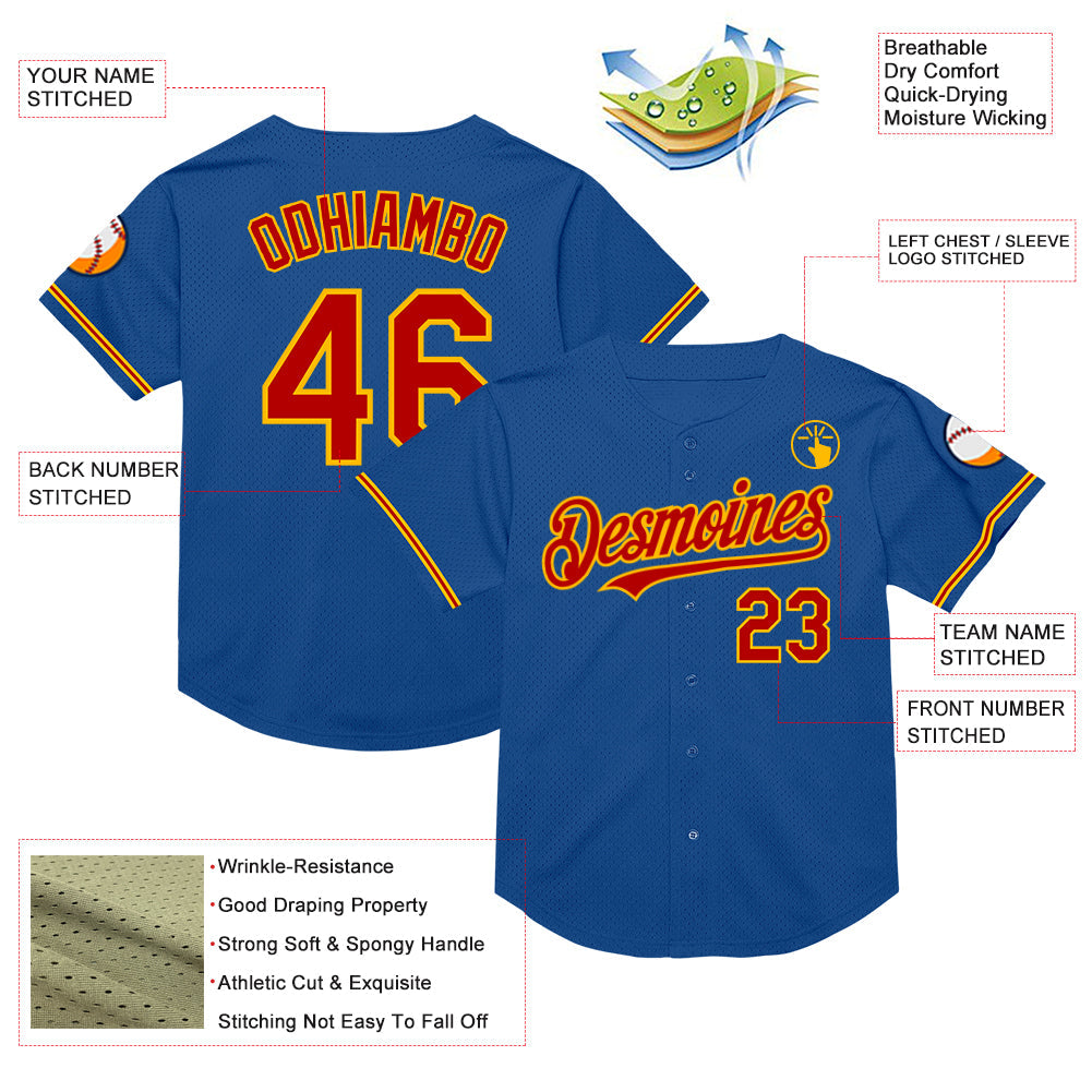 Custom Blue Red-Gold Mesh Authentic Throwback Baseball Jersey - Sky-Custom