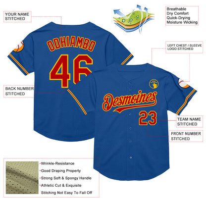 Custom Blue Red-Gold Mesh Authentic Throwback Baseball Jersey - Sky-Custom
