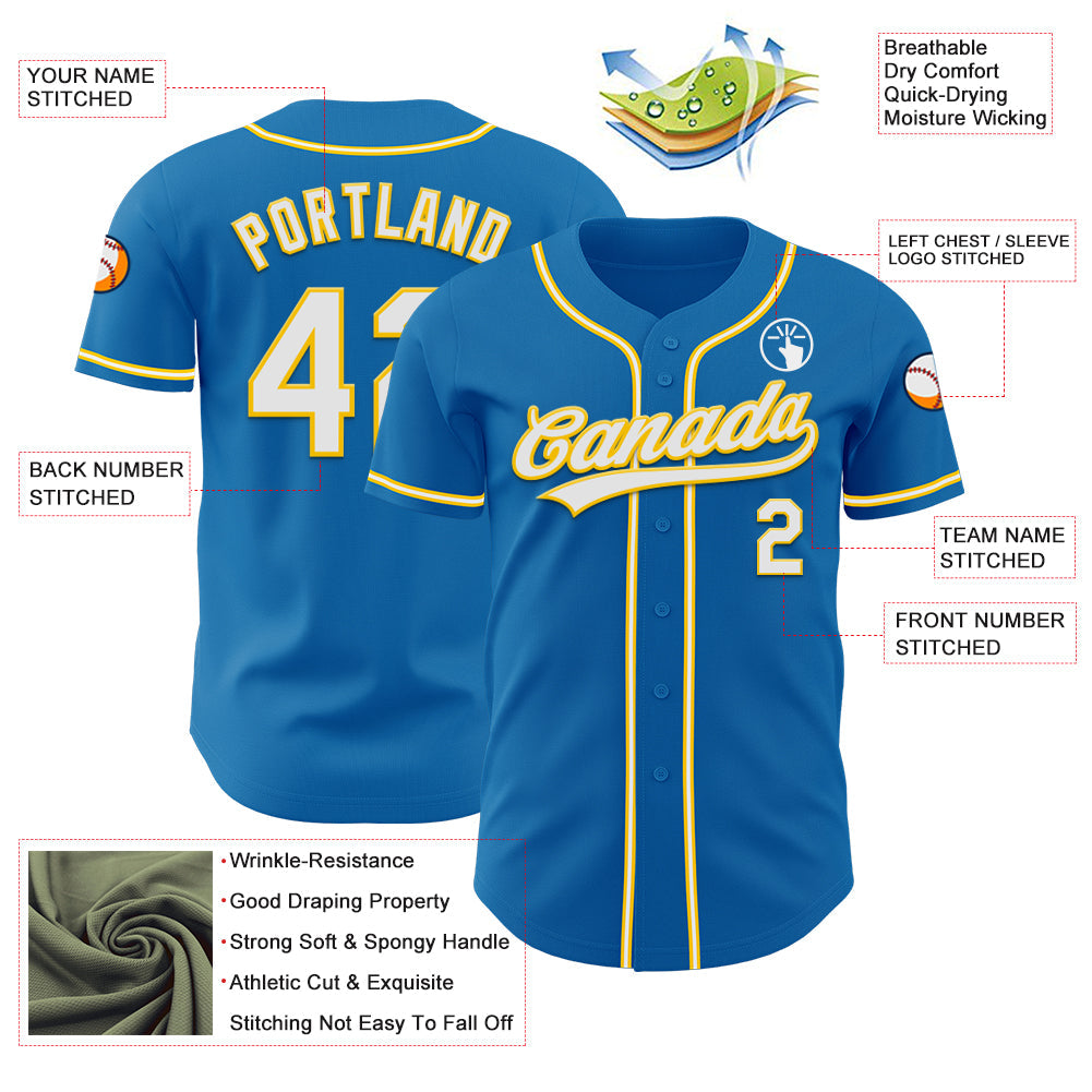 Custom Blue White-Yellow Authentic Baseball Jersey - Sky-Custom
