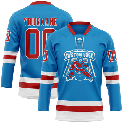 Custom Blue Red-White Hockey Lace Neck Jersey - Sky-Custom