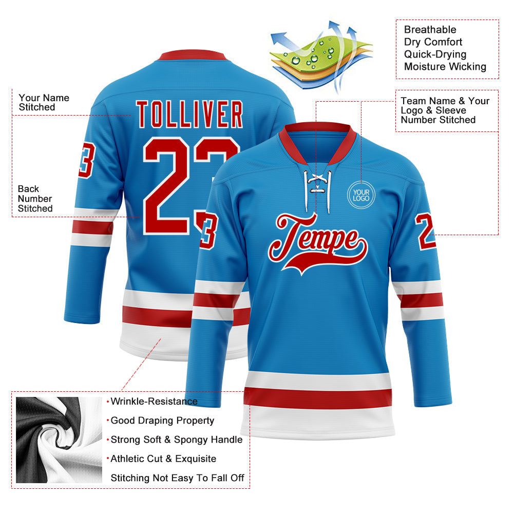 Custom Blue Red-White Hockey Lace Neck Jersey - Sky-Custom