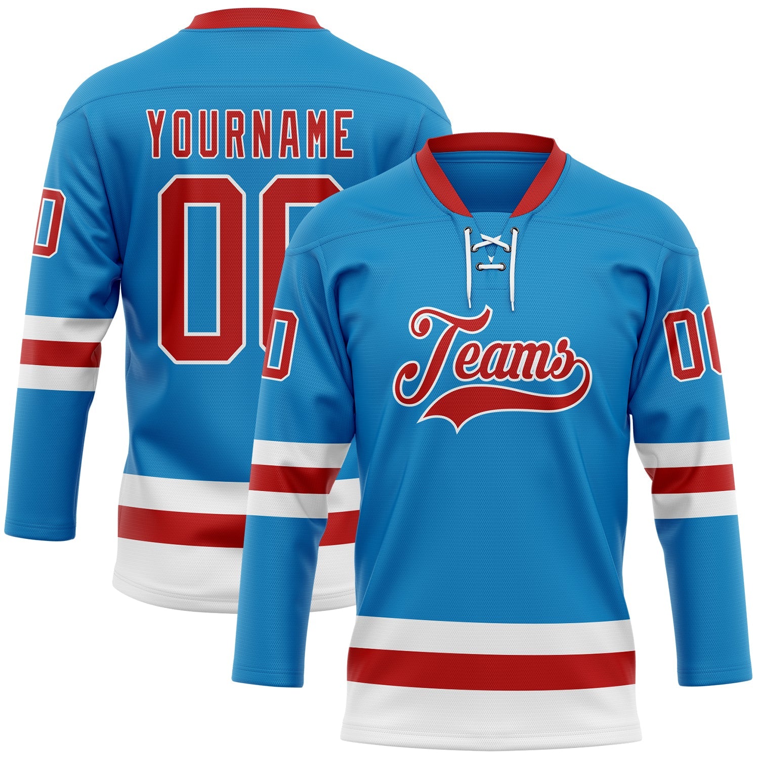 Custom Blue Red-White Hockey Lace Neck Jersey - Sky-Custom