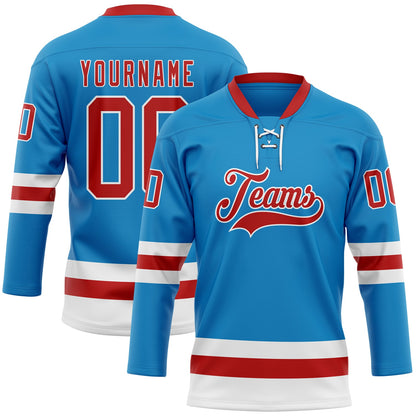 Custom Blue Red-White Hockey Lace Neck Jersey - Sky-Custom