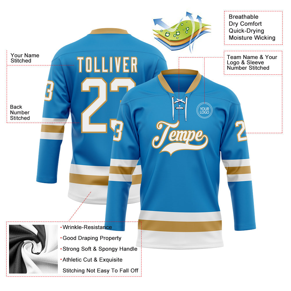 Custom Blue White-Old Gold Hockey Lace Neck Jersey - Sky-Custom