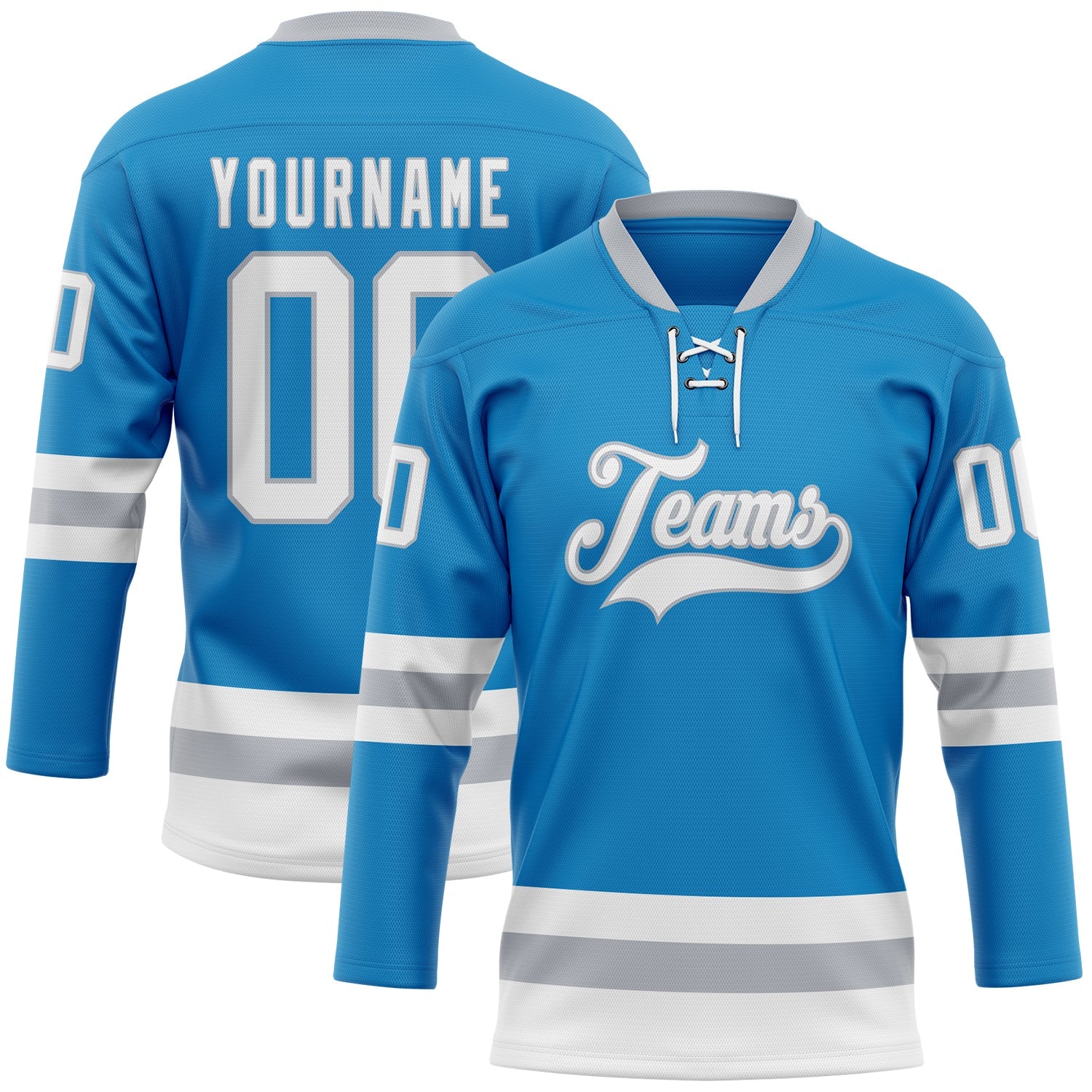 Custom Blue White-Gray Hockey Lace Neck Jersey - Sky-Custom