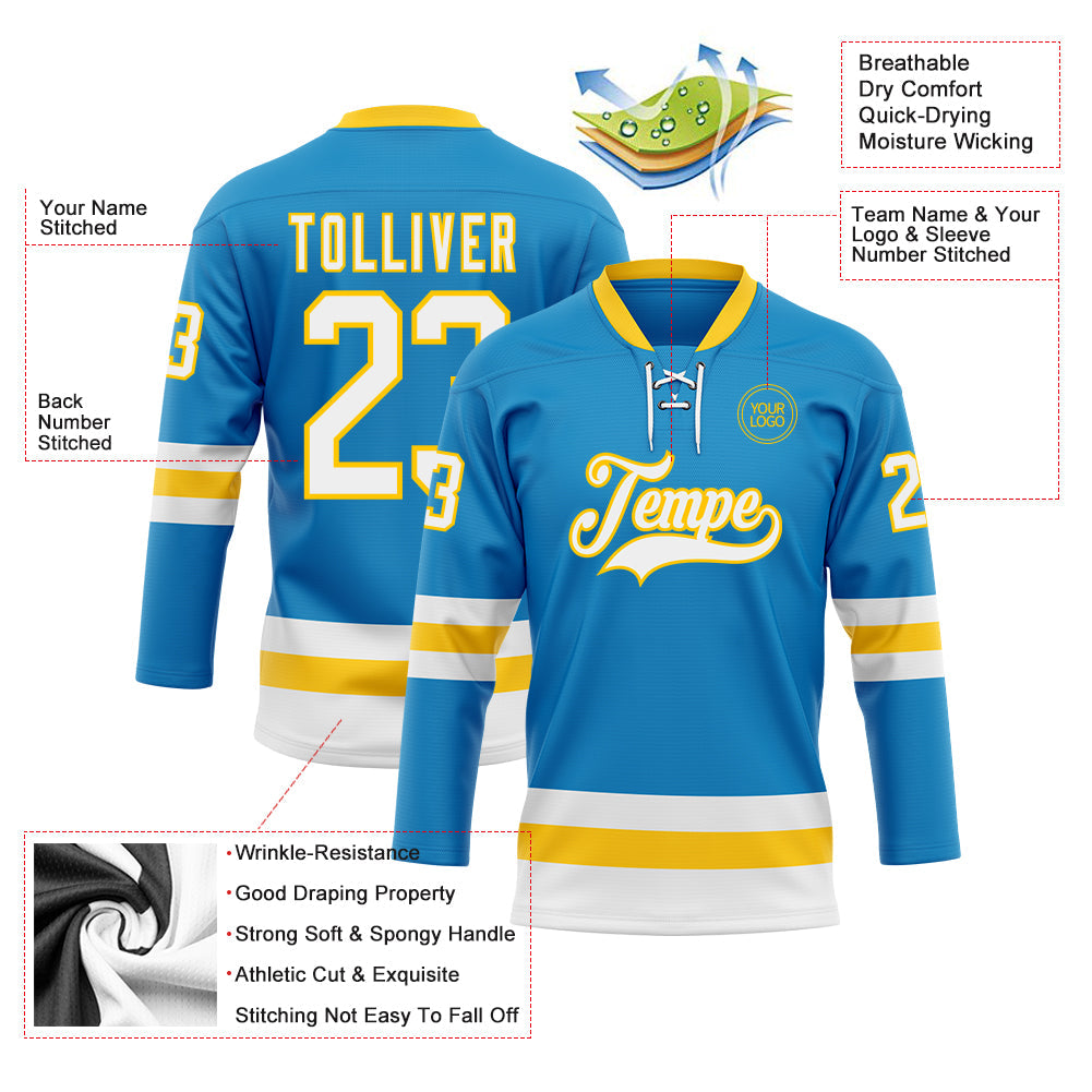 Custom Blue White-Yellow Hockey Lace Neck Jersey - Sky-Custom