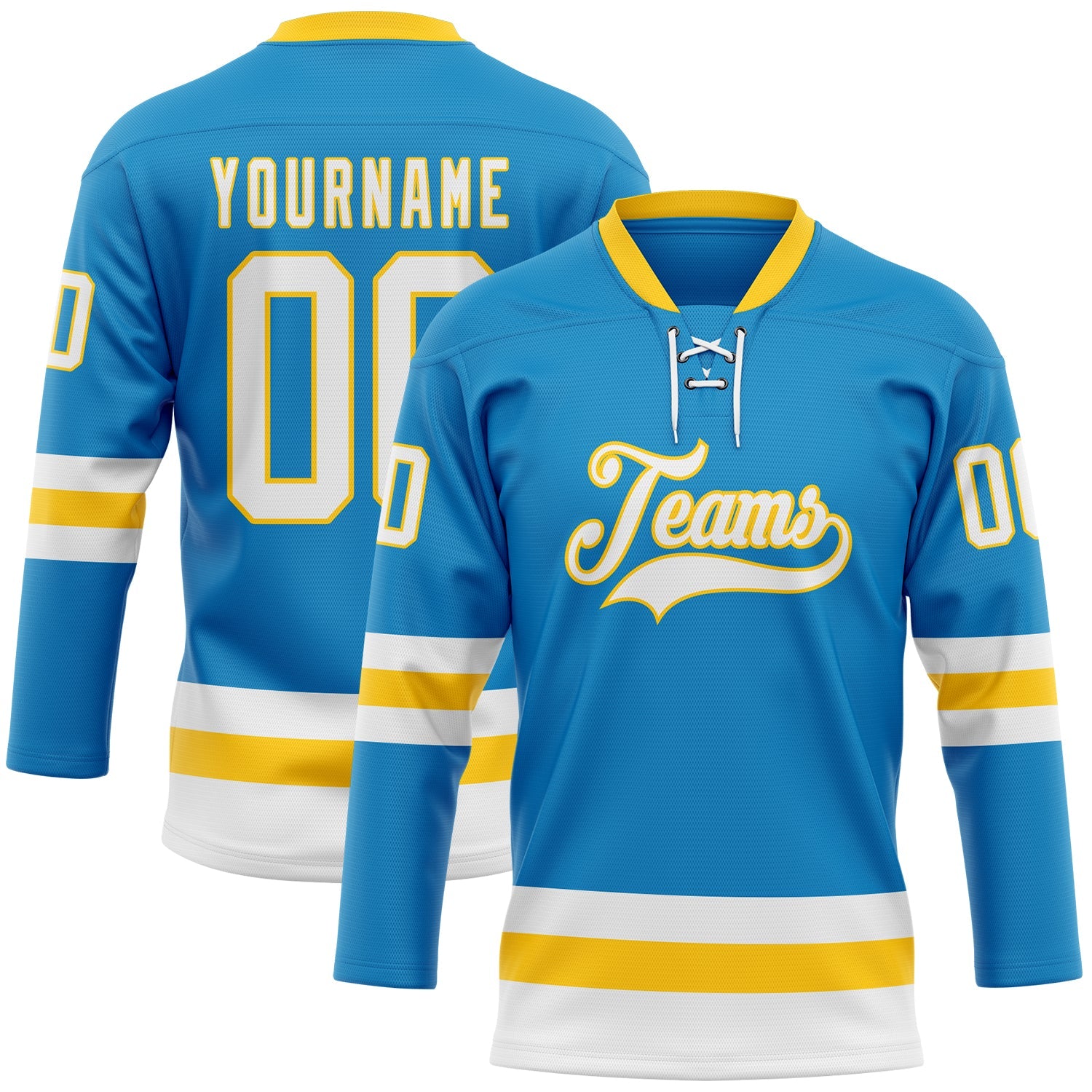Custom Blue White-Yellow Hockey Lace Neck Jersey - Sky-Custom