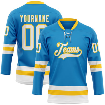 Custom Blue White-Yellow Hockey Lace Neck Jersey - Sky-Custom