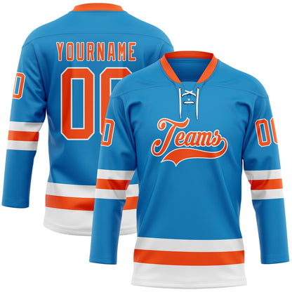 Custom Blue Orange-White Hockey Lace Neck Jersey - Sky-Custom