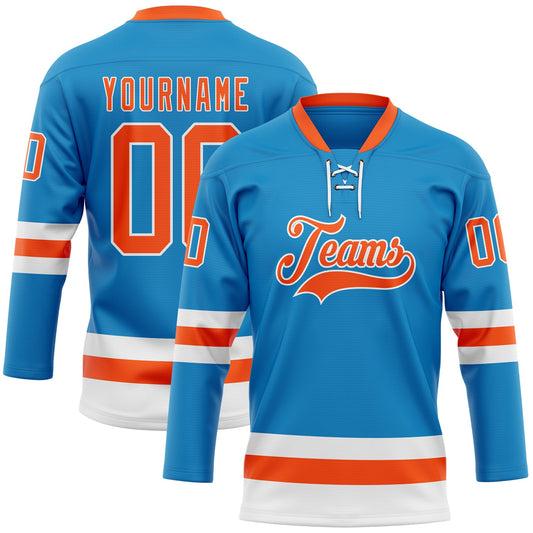 Custom Blue Orange-White Hockey Lace Neck Jersey - Sky-Custom