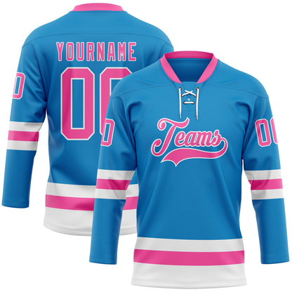 Custom Blue Pink-White Hockey Lace Neck Jersey - Sky-Custom