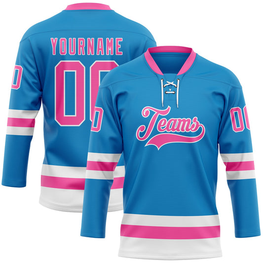 Custom Blue Pink-White Hockey Lace Neck Jersey - Sky-Custom