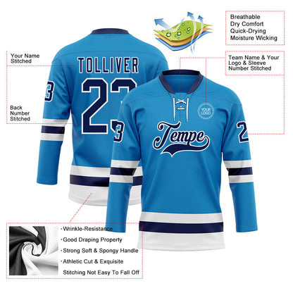 Custom Blue Navy-White Hockey Lace Neck Jersey - Sky-Custom