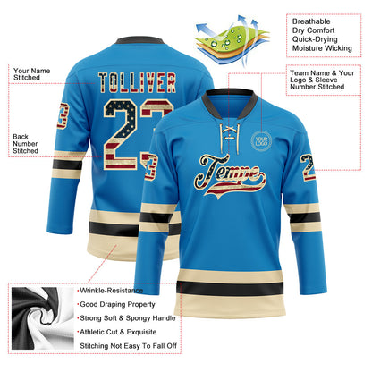 Custom Blue Vintage USA Flag Cream-Black Hockey Lace Neck Jersey - Sky-Custom