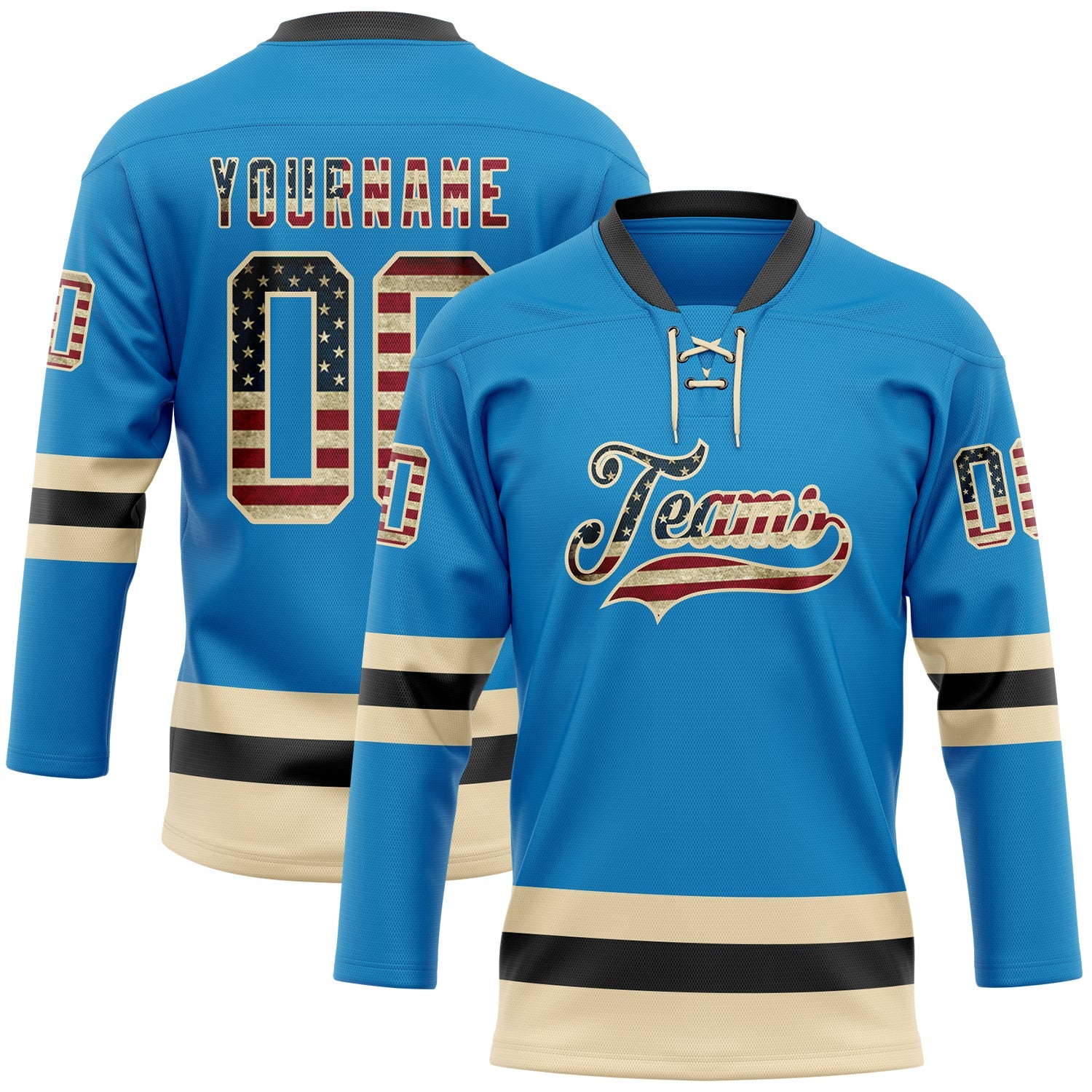 Custom Blue Vintage USA Flag Cream-Black Hockey Lace Neck Jersey - Sky-Custom