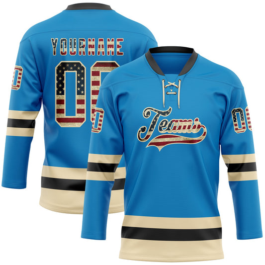 Custom Blue Vintage USA Flag Cream-Black Hockey Lace Neck Jersey - Sky-Custom