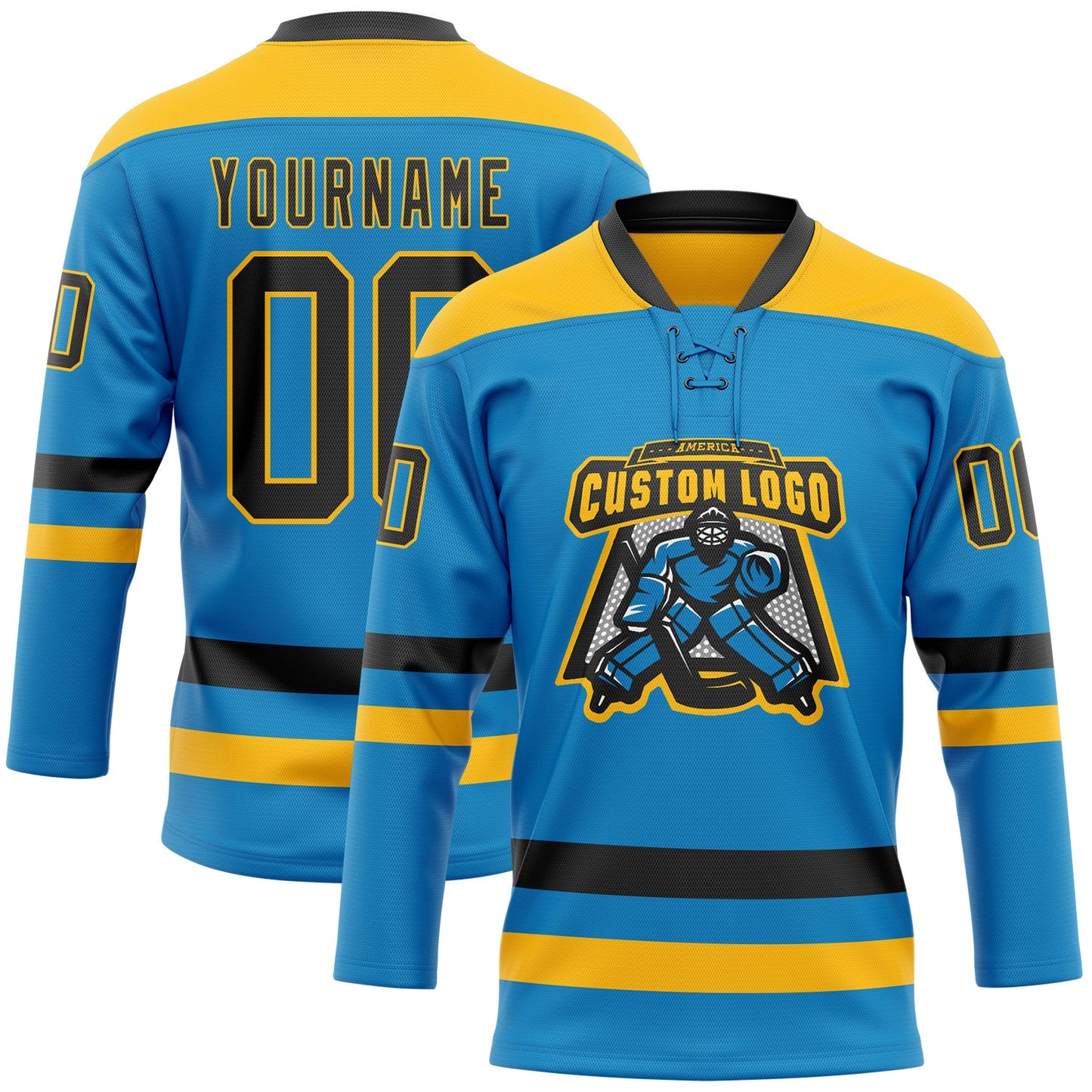 Custom Blue Black-Gold Hockey Lace Neck Jersey - Sky-Custom
