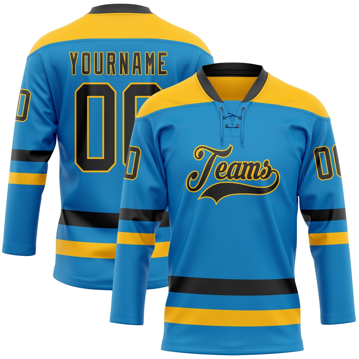 Custom Blue Black-Gold Hockey Lace Neck Jersey - Sky-Custom