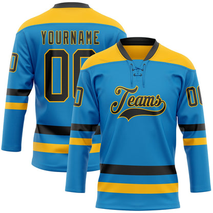 Custom Blue Black-Gold Hockey Lace Neck Jersey - Sky-Custom