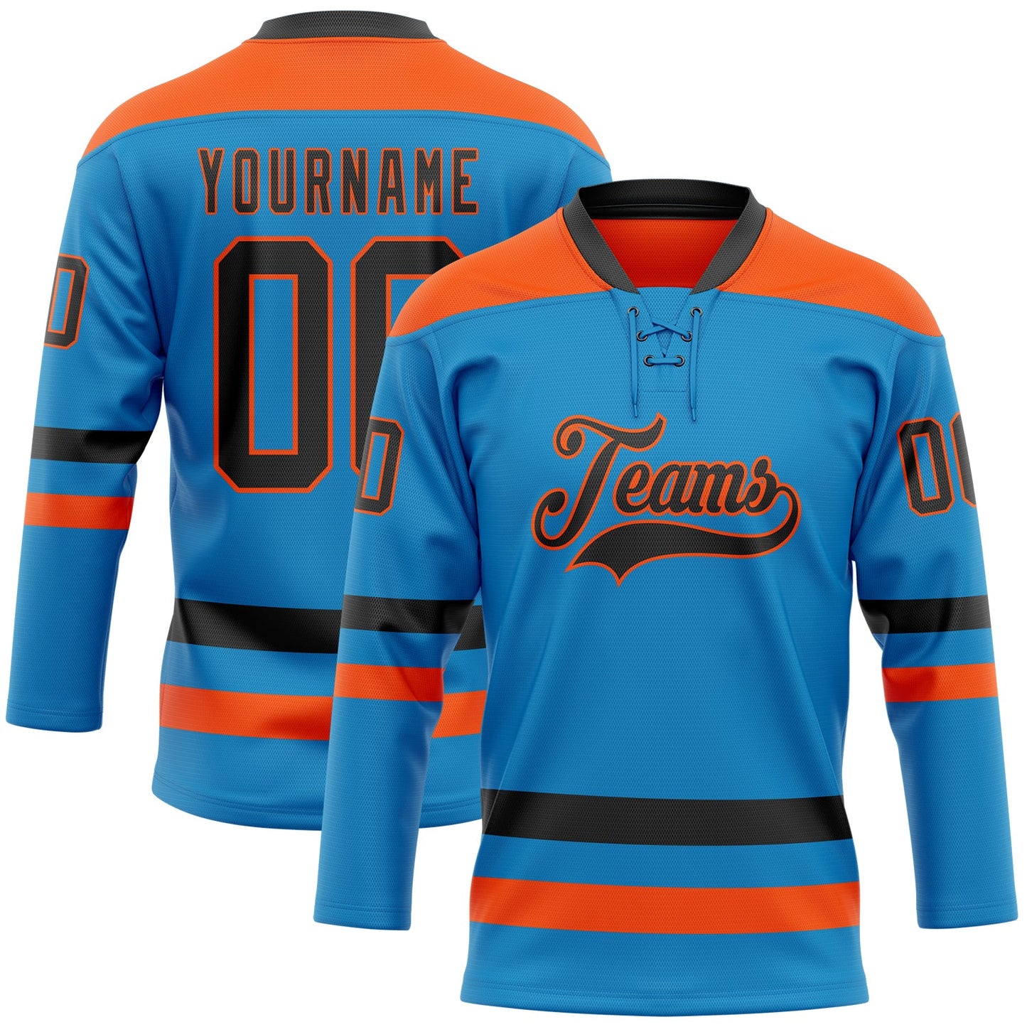 Custom Blue Black-Orange Hockey Lace Neck Jersey - Sky-Custom