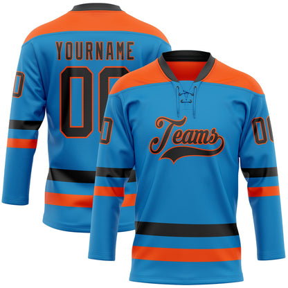 Custom Blue Black-Orange Hockey Lace Neck Jersey - Sky-Custom