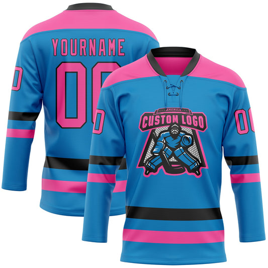 Custom Blue Pink-Black Hockey Lace Neck Jersey - Sky-Custom