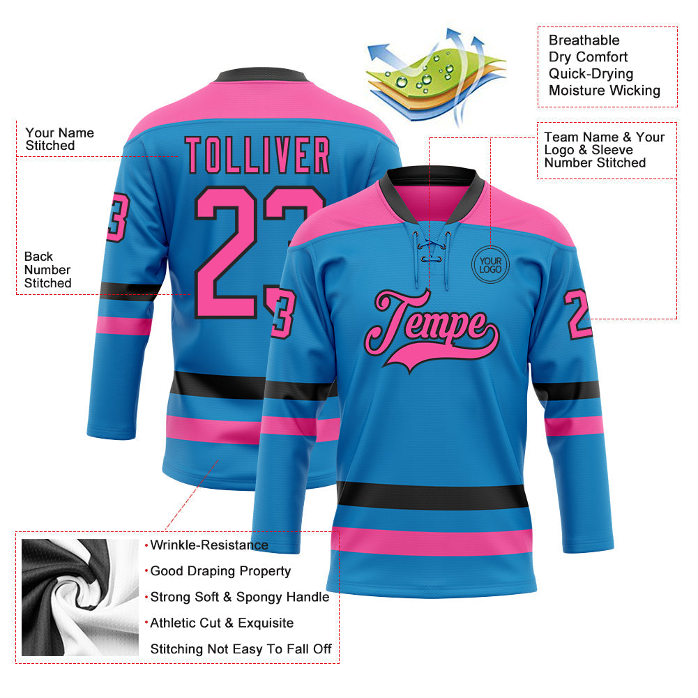Custom Blue Pink-Black Hockey Lace Neck Jersey - Sky-Custom