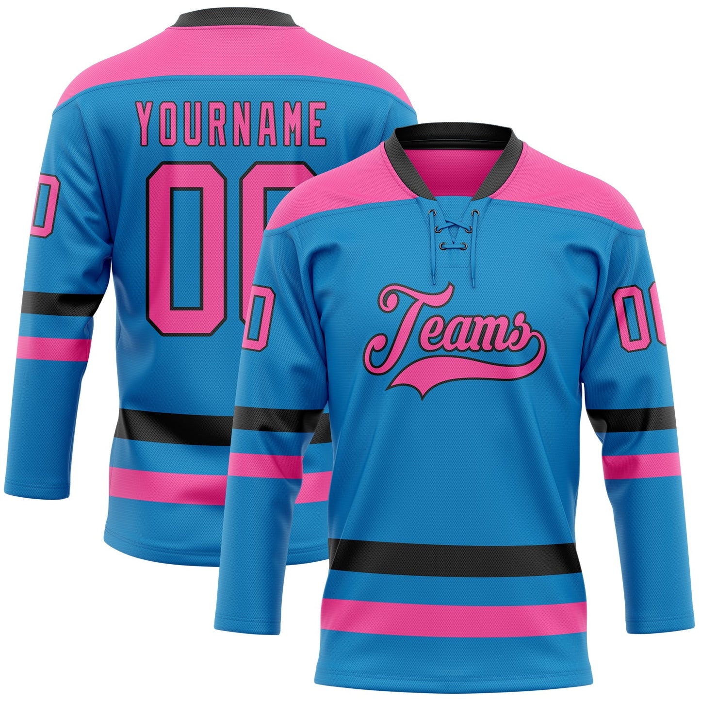Custom Blue Pink-Black Hockey Lace Neck Jersey - Sky-Custom