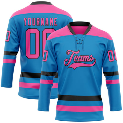 Custom Blue Pink-Black Hockey Lace Neck Jersey - Sky-Custom