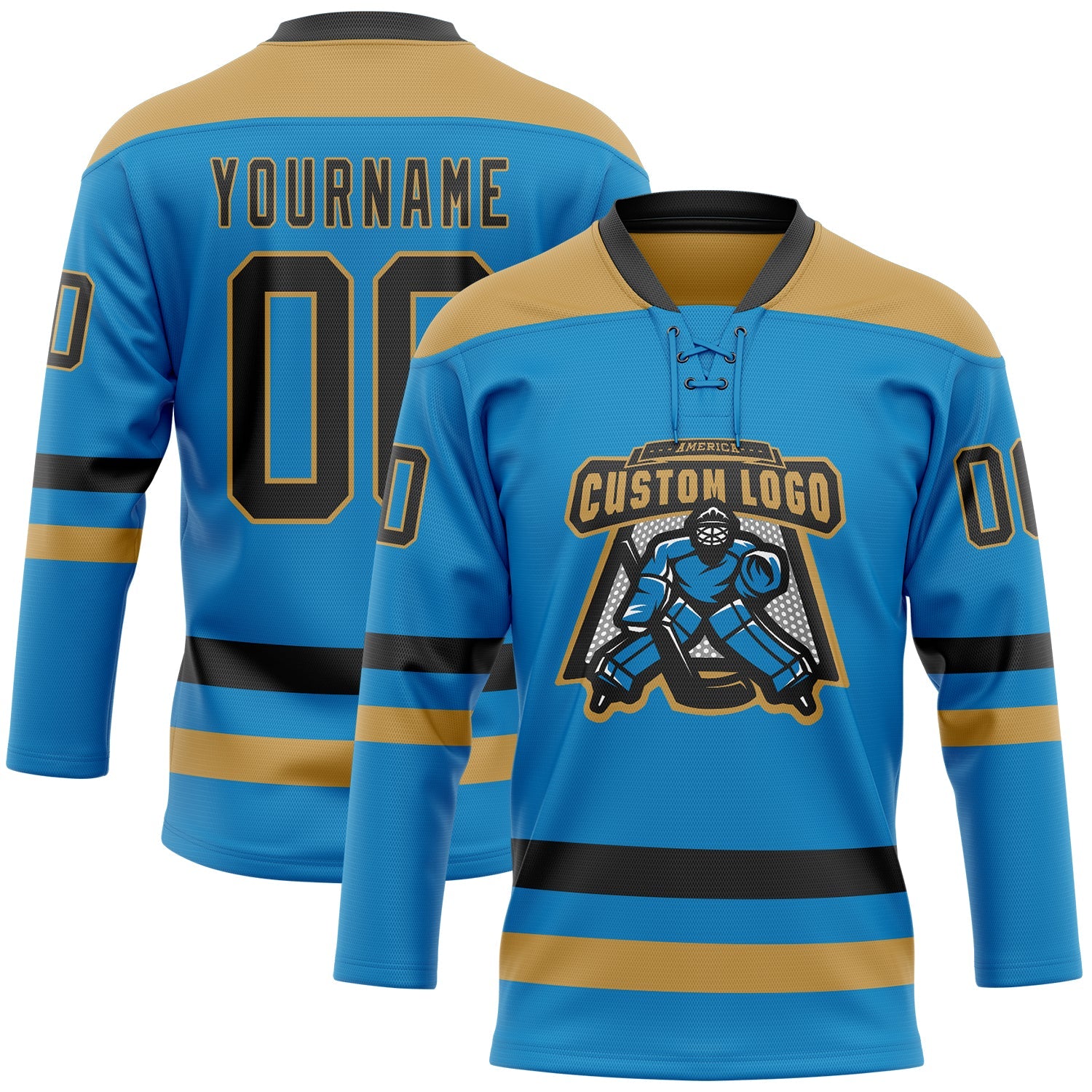 Custom Blue Black-Old Gold Hockey Lace Neck Jersey - Sky-Custom