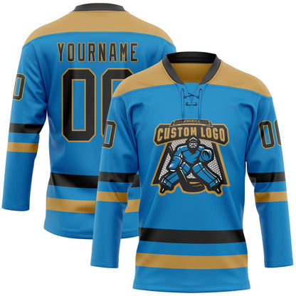 Custom Blue Black-Old Gold Hockey Lace Neck Jersey - Sky-Custom
