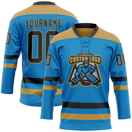 Custom Blue Black-Old Gold Hockey Lace Neck Jersey - Sky-Custom