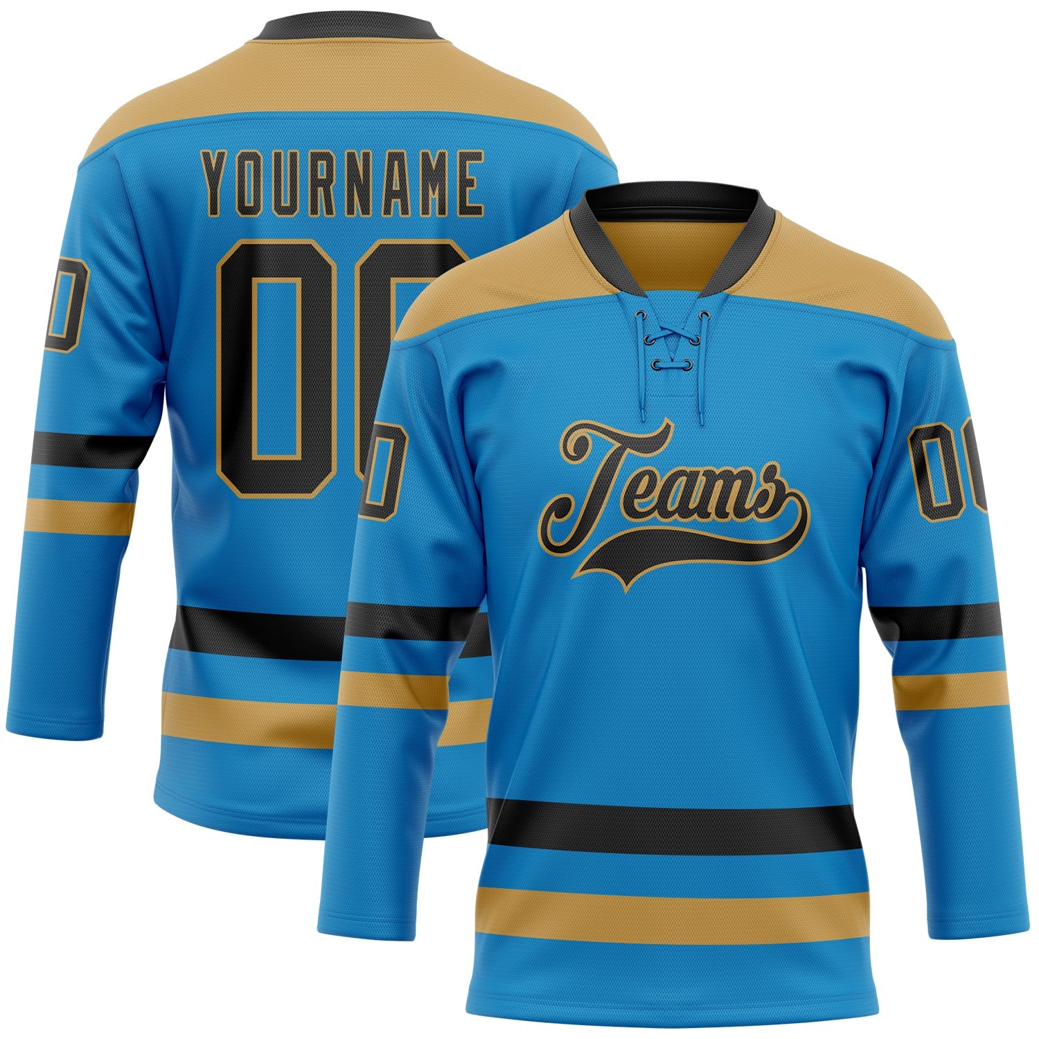 Custom Blue Black-Old Gold Hockey Lace Neck Jersey - Sky-Custom
