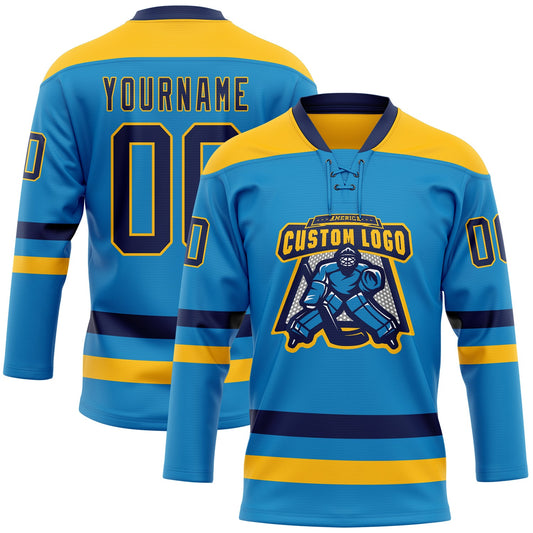 Custom Blue Navy-Gold Hockey Lace Neck Jersey - Sky-Custom